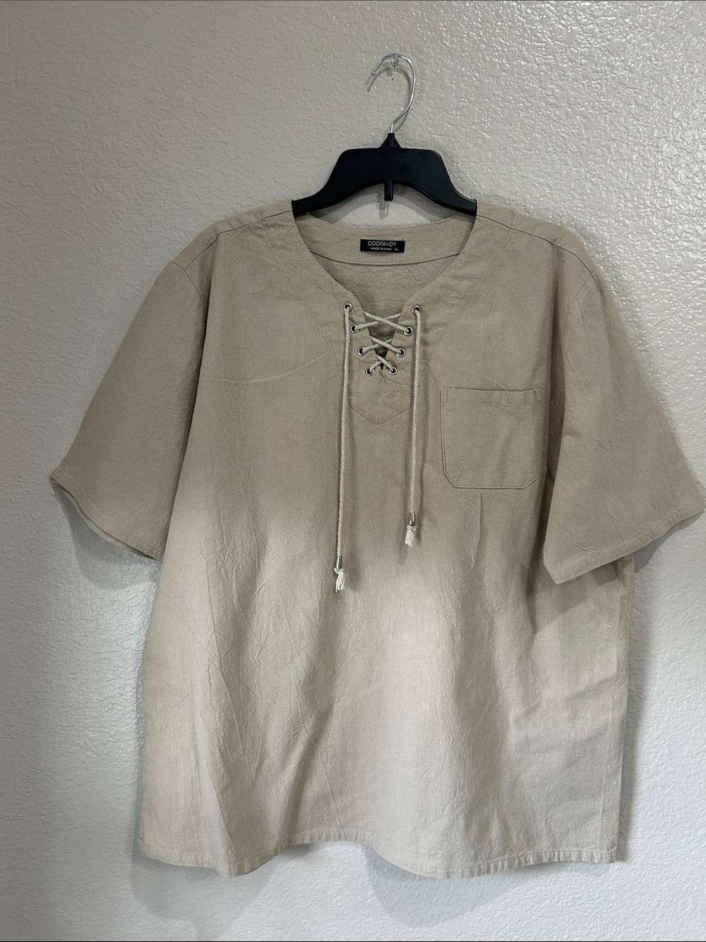 COOFANDY Lace-Up Short-Sleeve Shirt Tunic Tan Sz XL Summer Casual Chic TC0079